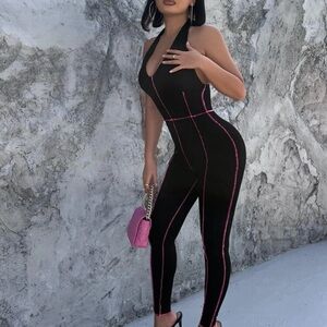Top Stitching Tie Backless Unitard Jumpsuit